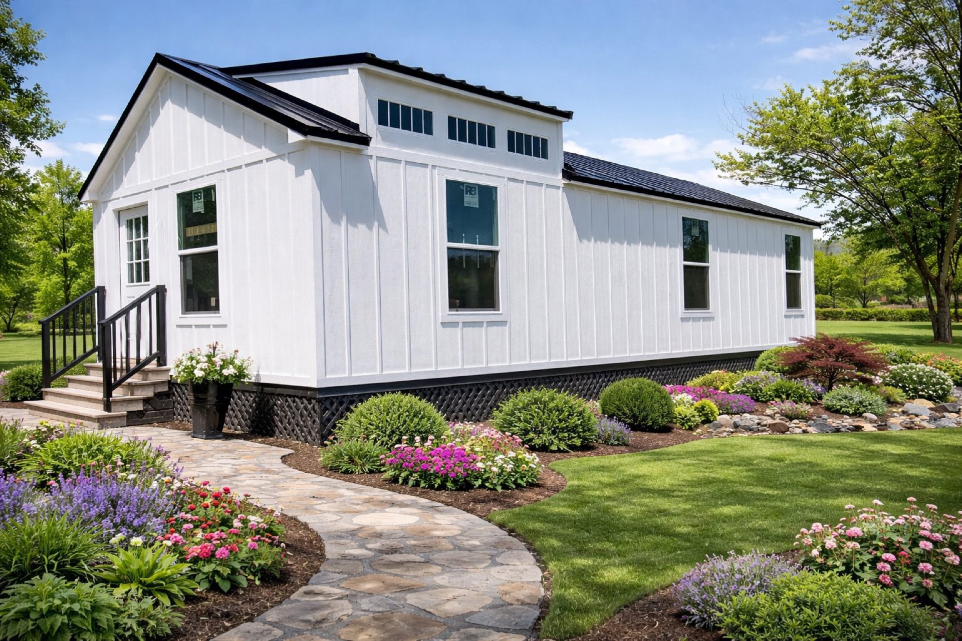 The Classic 16x44 tiny home exterior with white board and batten siding and black metal roof by Barn Brothers Oklahoma